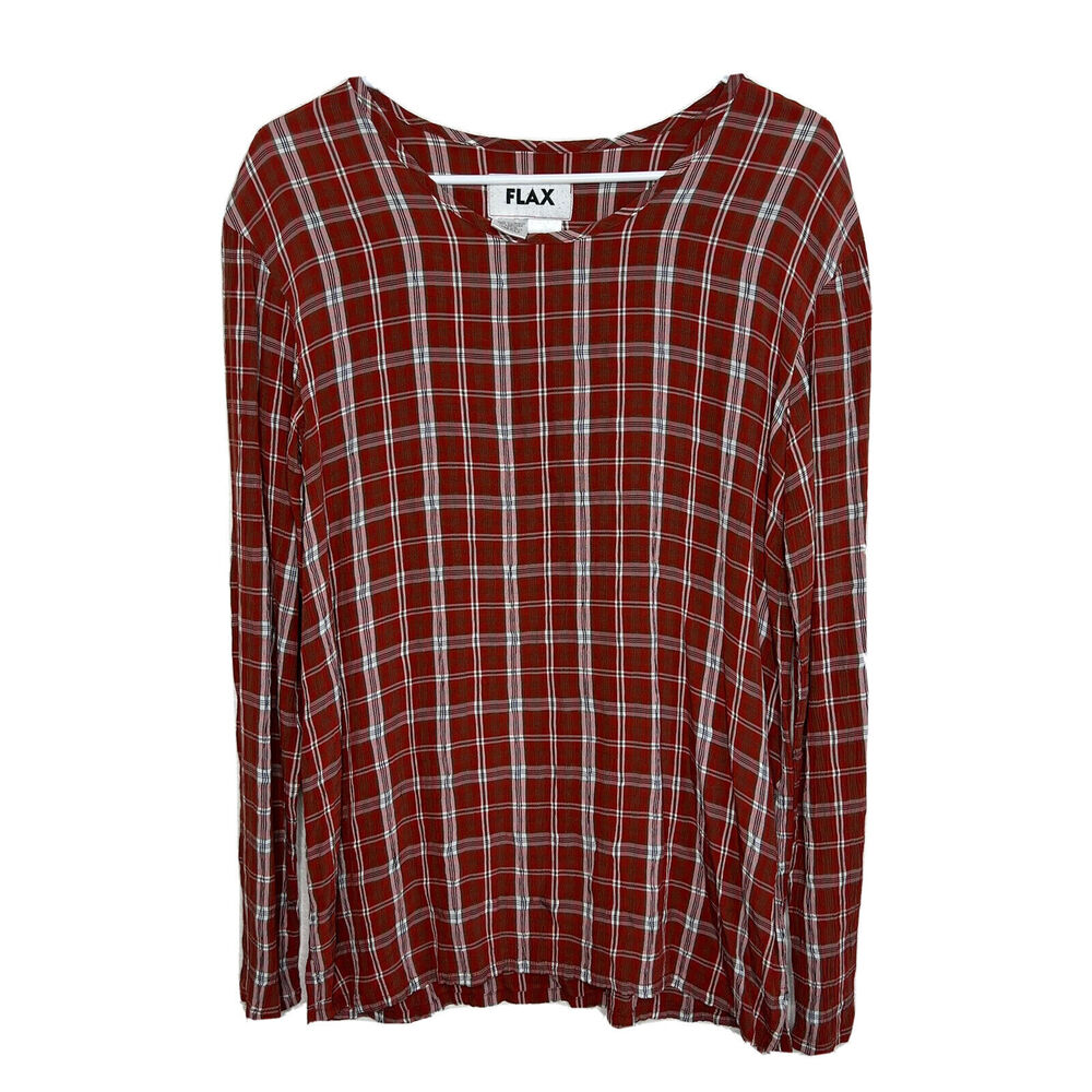 Flax Tunic Top Shirt Long Sleeve Boho Lagenlook Tunic Plaid Orange Small Aa11